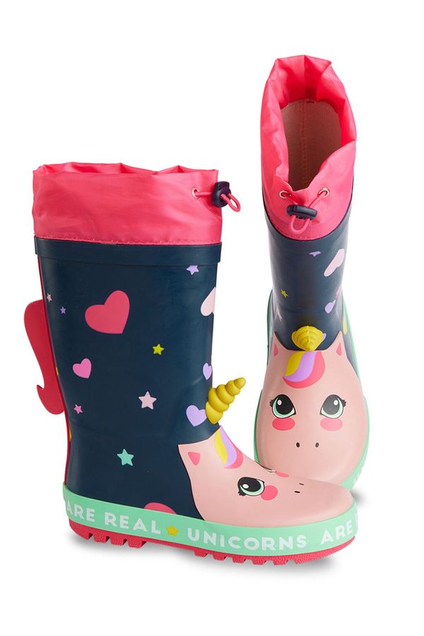 Denokids Denokids Heart Unicorn Girl's Navy Blue Elastic Rain Boots