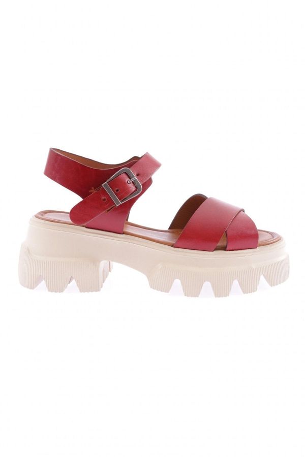 DGN DGN 144 Women's Thick Sole Cross Strap Sandals Genuine Leather Claret Red