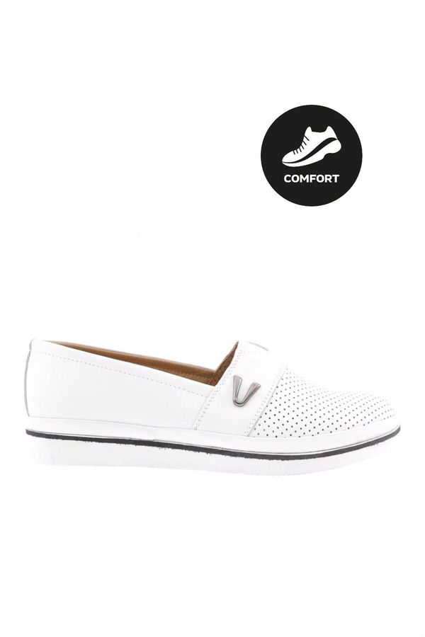 DGN DGN 535-23Y Women's Laser V-Buckle Rubber Detailed Comfort Shoes White Genuine Leather