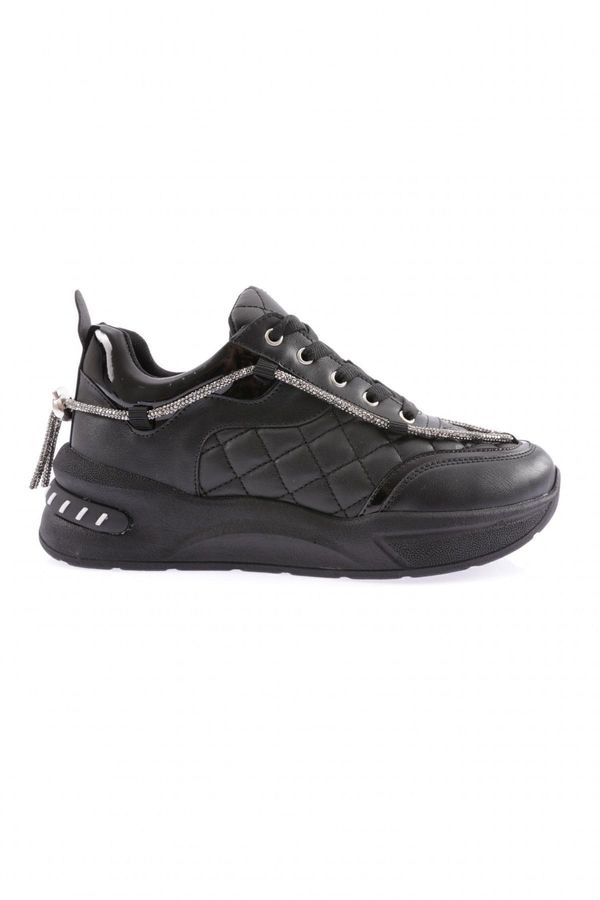 DGN DGN Black - B2 Women's Silver Stone Rope Detailed Lace Up Sneakers Shoes Black Quilted