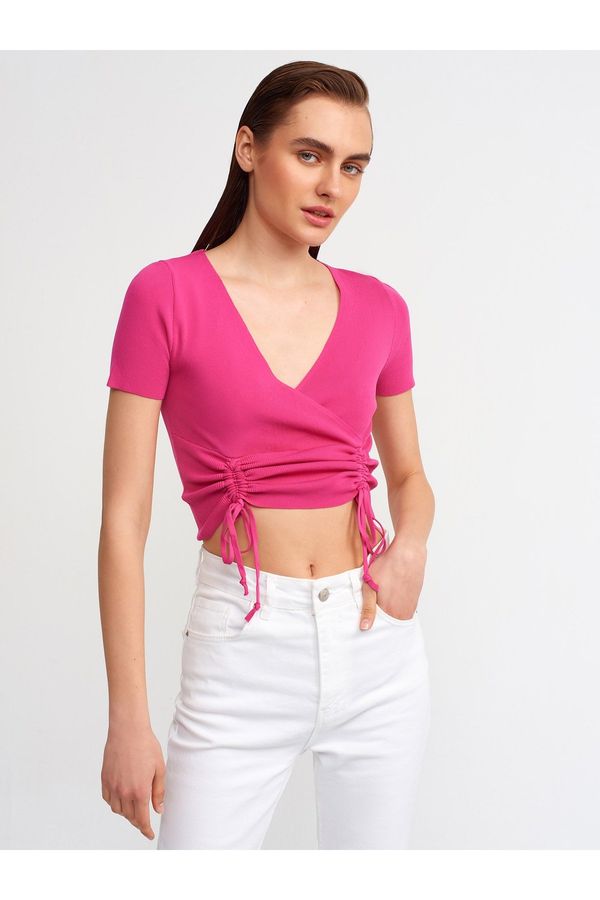 Dilvin Dilvin 10194 Double Breasted Collar Front Gathered Knitwear Crop-fuchsia