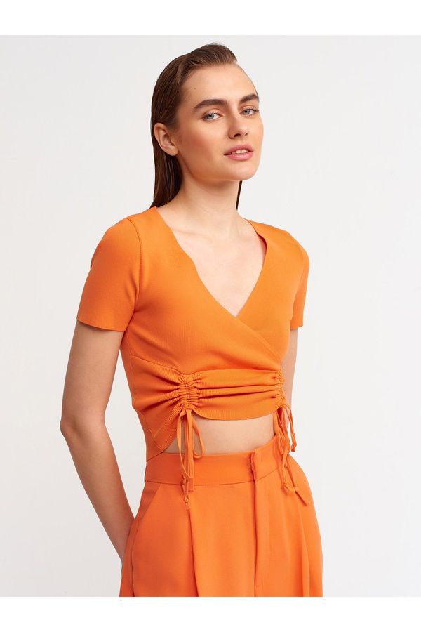 Dilvin Dilvin 10194 Double-breasted Collar Pleated Front Tricot Crop-orange