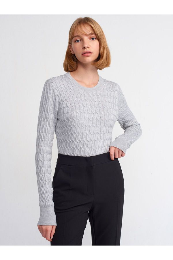 Dilvin Dilvin 10476 Crew Neck Hair Braided Sweater-Grey Melange