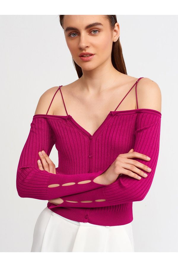 Dilvin Dilvin 1066 Open Shoulder Knitwear with Elastic Straps Cardigan-raspberry