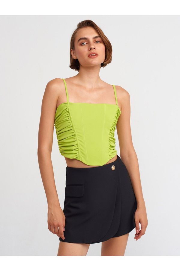 Dilvin Dilvin 20129 Gathered Detailed Strap Crop Top-Lime