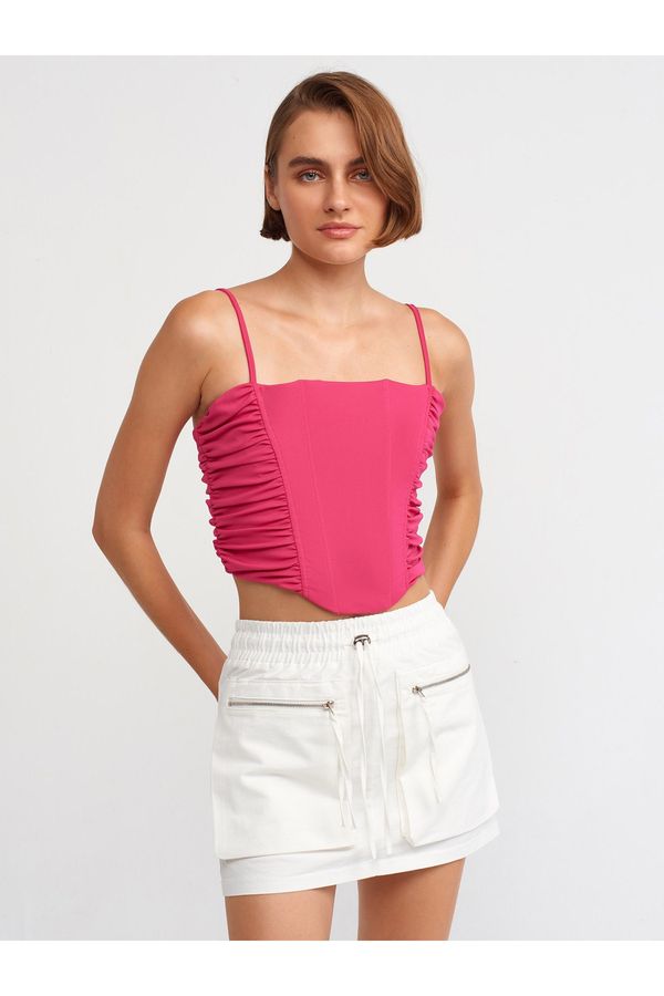Dilvin Dilvin 20129 Gathered Detailed Strappy Crop Top-Fuchsia