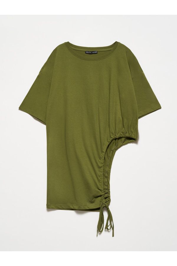 Dilvin Dilvin 30184 Side Gathered T-Shirt-Khaki