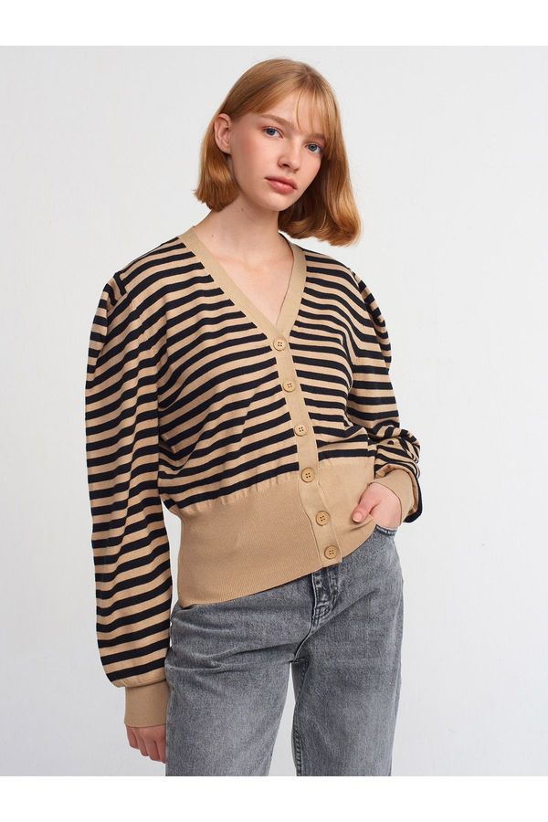 Dilvin Dilvin 60181 V-Neck Striped Cardigan-kbeige-black