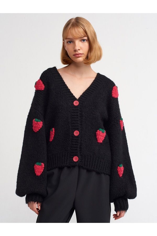 Dilvin Dilvin 60185 V-Neck Strawberry Embroidered Balloon Sleeve Knitwear Cardigan-black