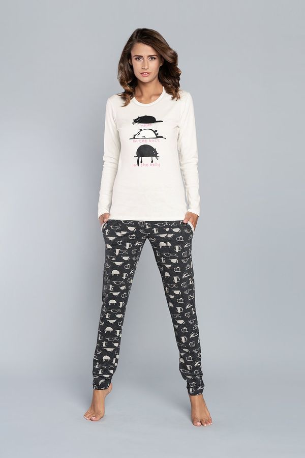 Italian Fashion Dima long sleeve pajamas, long trousers - ecru/dark melange print