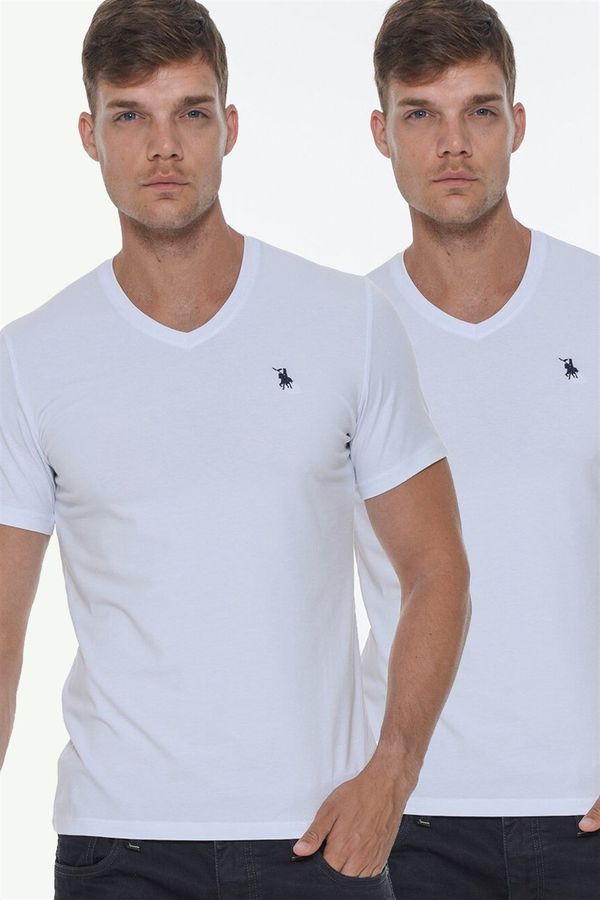 dewberry DOUBLE SET T8568 DEWBERRY V-NECK MEN'S T-SHIRT-WHITE-WHITE