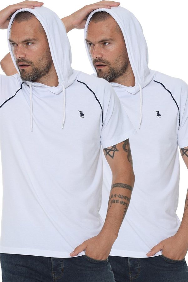 dewberry DOUBLE SET T8570 DEWBERRY HOODED MEN'S T-SHIRT-WHITE-WHITE