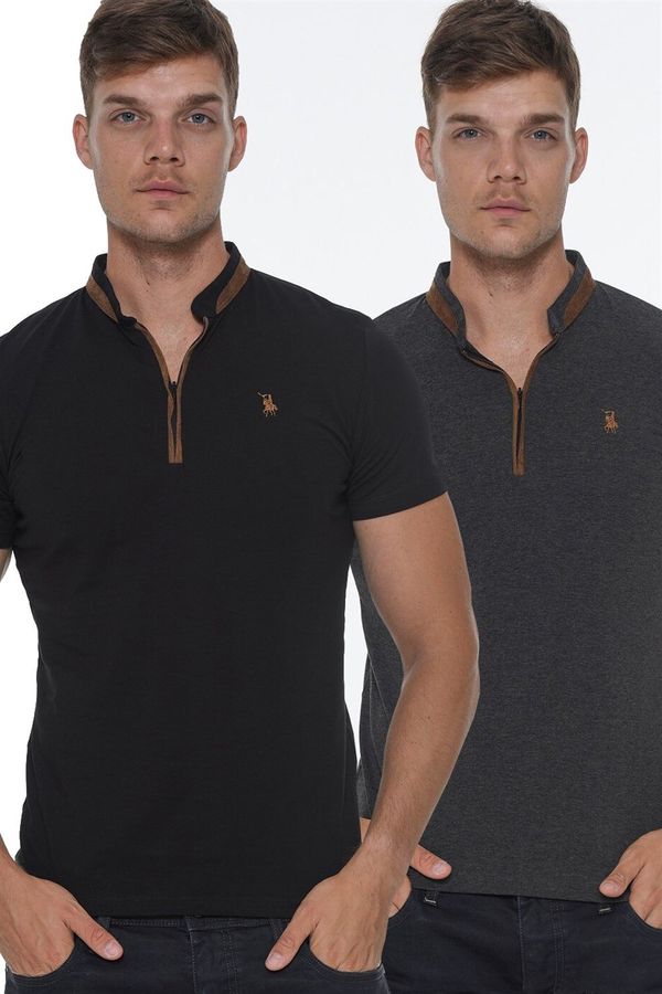 dewberry DOUBLE SET T8571 DEWBERRY ZIPPER MEN'S T-SHIRT-BLACK-ANTHRACITE