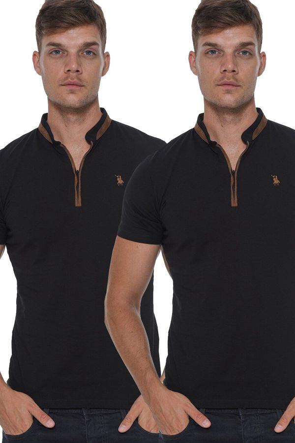 dewberry DOUBLE SET T8571 DEWBERRY ZIPPER MEN'S T-SHIRT-BLACK-BLACK