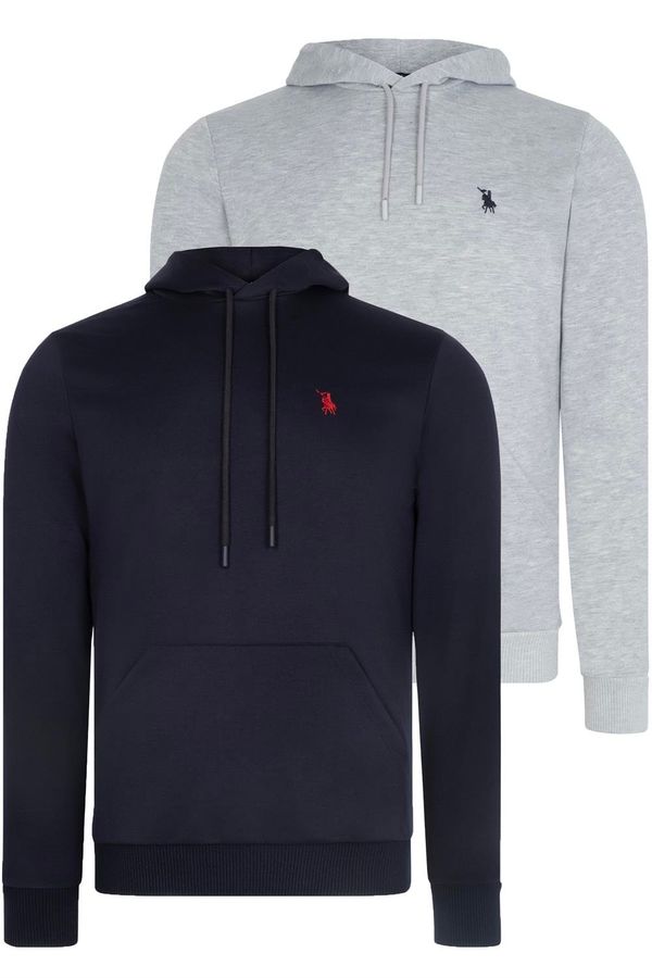 dewberry DOUBLE SET V4011 DEWBERRY MEN'S HOODED SWEATSHIRT-GREY - NAVY BLUE