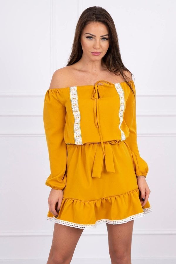 Kesi Dress over the shoulder and lace mustard