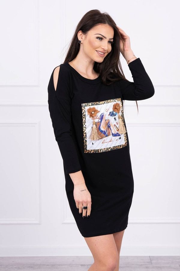 Kesi Dress with 3D graphics and decorative pom pom black