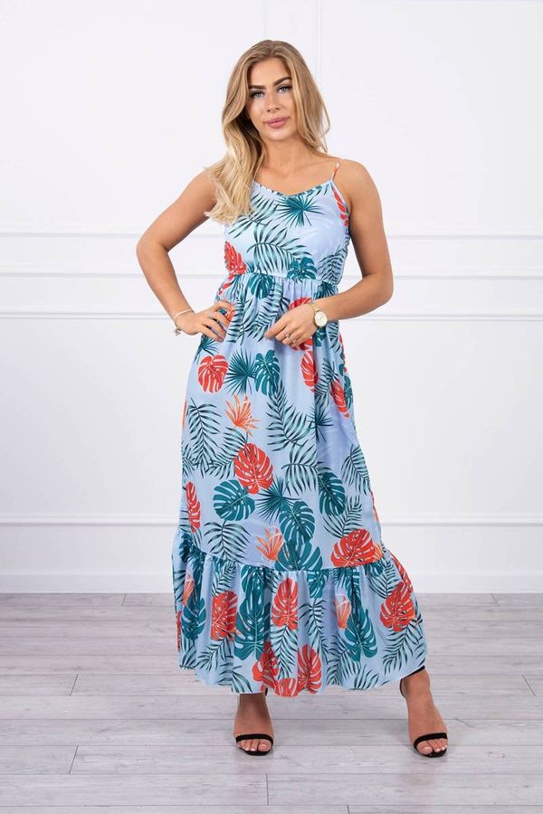 Kesi Dress with a motif of leaves of cyan color