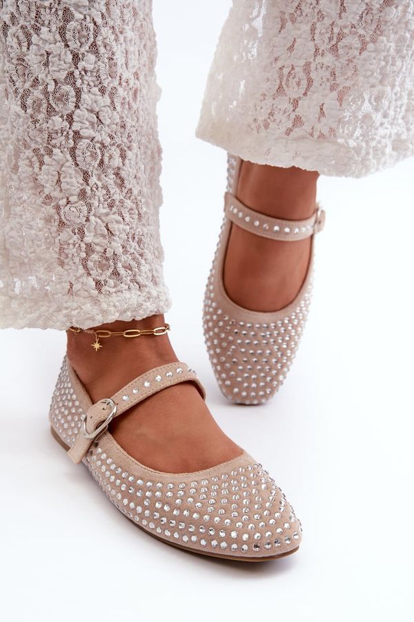 Kesi Eco-friendly suede ballerinas decorated with beige Tinara rhinestones