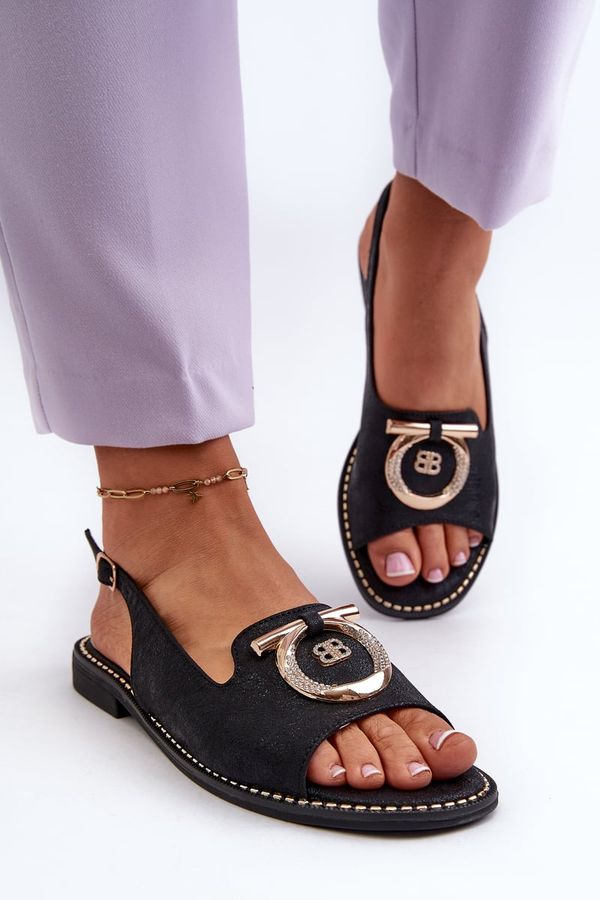 Kesi Elegant women's sandals with gold trim on flat heels, black S.Barski