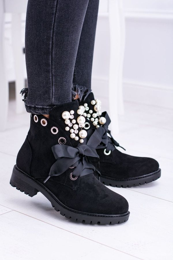 FI1 FI1 Suede Lined Ankle Boots With Pearls And Ribbon Black Perla