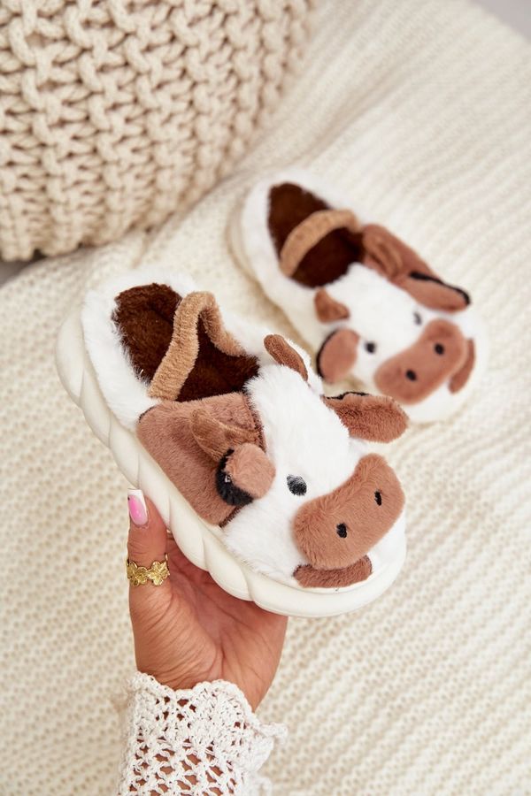 FK1 FK1 Children's Furry Slippers With Cow Motif Brown Tamorrin