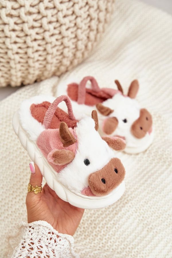 FK1 FK1 Children's Furry Slippers With Cow Motif Pink Tamorrin