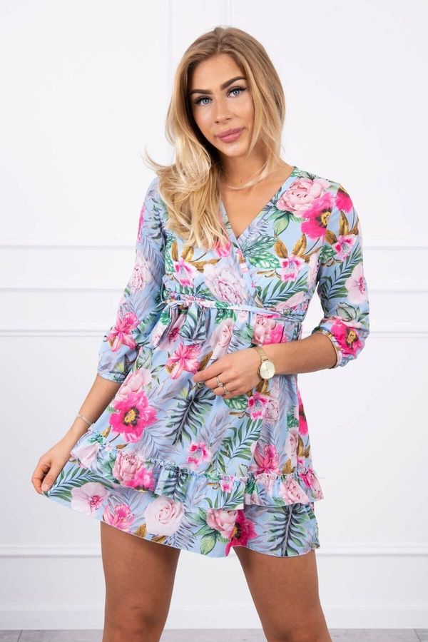 Kesi Floral dress with a tie at the waist of cyan color