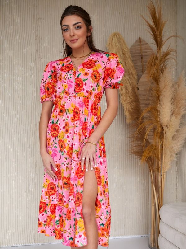 FASARDI Floral pink-orange dress with frill