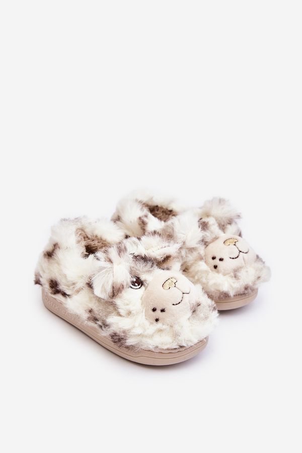 Kesi Fluffy children's slippers with teddy bear, light beige Apolania