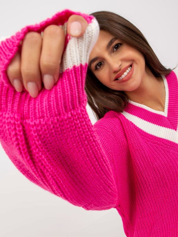 Fashionhunters Fluo pink longer oversize sweater with neckline in V RUE PARIS