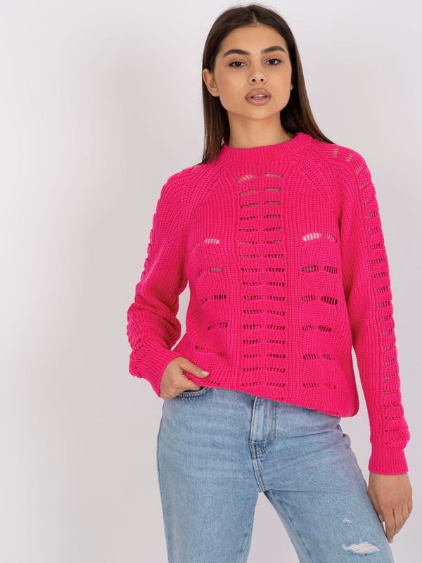 Fashionhunters Fluo pink openwork oversize sweater with round neckline