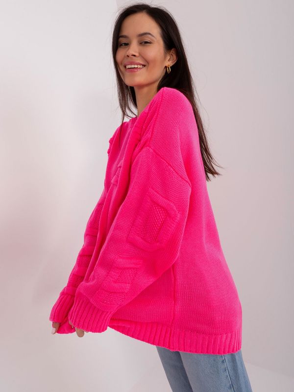 Fashionhunters Fluo pink oversize sweater with a round neckline