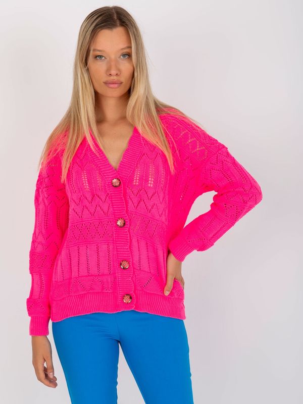 Fashionhunters Fluo pink summer cardigan with openwork pattern RUE PARIS