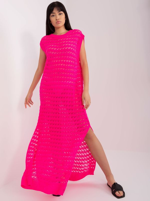 Fashionhunters Fluo pink summer knitted dress without sleeves