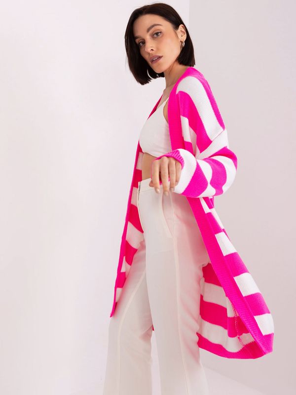Fashionhunters Fluo pink-white loose striped cardigan