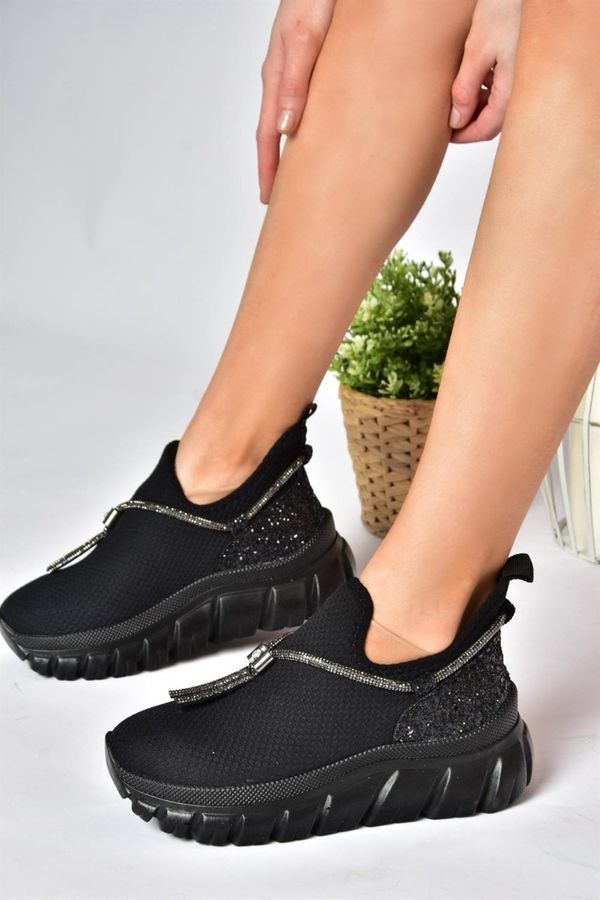 Fox Shoes Fox Shoes P602095004 Black Tricot Fabric Silvery Detailed Women's Sports Shoes Sneakers