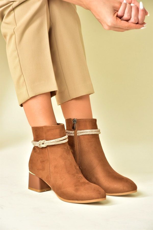 Fox Shoes Fox Shoes Tan and Suede Women's Boots with Stone Detailed Thick Heels
