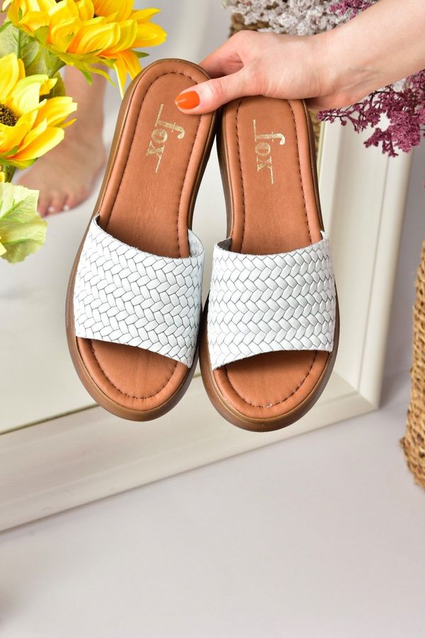 Fox Shoes Fox Shoes White Genuine Leather Women's Thick Banded Knitted Model Daily Slippers