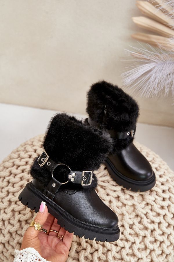 FR1 FR1 Eco Leather Girls Boots With Fur And Buckles Black Cartemes