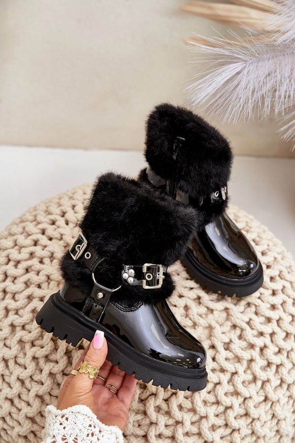 FR1 FR1 Lacquered Girls Boots With Fur And Buckles Black Cartemes