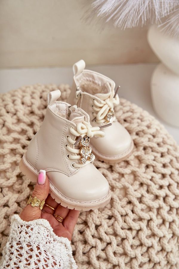 FR1 FR1 Warm Children's Boots With Teddy Bear On Zipper Beige Enchanta