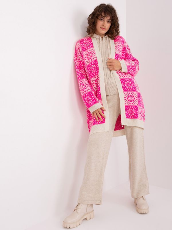 Fashionhunters Fuchsia and ecru long cardigan with patterns