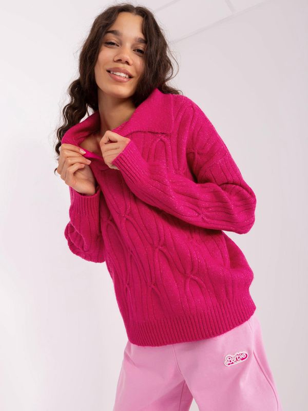 Fashionhunters Fuchsia sweater with cables and collar