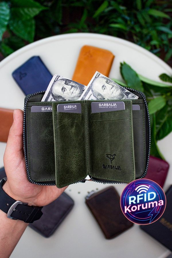 Garbalia Garbalia Fargo Vintage Leather Rfid Blocker Zippered Green Unisex Card Holder Wallet