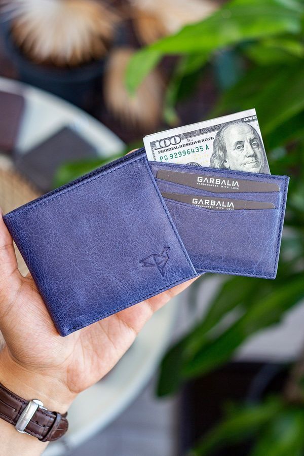 Garbalia Garbalia Kangaroo Genuine Leather Rfid Blocker Crazy Navy Blue Wallet Card Holder