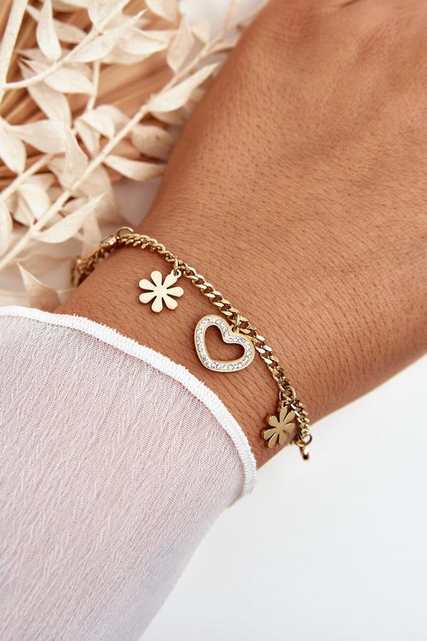 Glam Chic Glam Chic Fashionable Bracelet With Flowers And Heart Gold