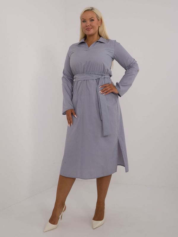 LAKERTA Gray cotton dress of larger size with pockets and belt