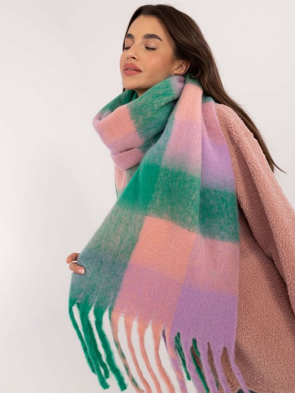 Fashionhunters Green and pink winter scarf with fringe