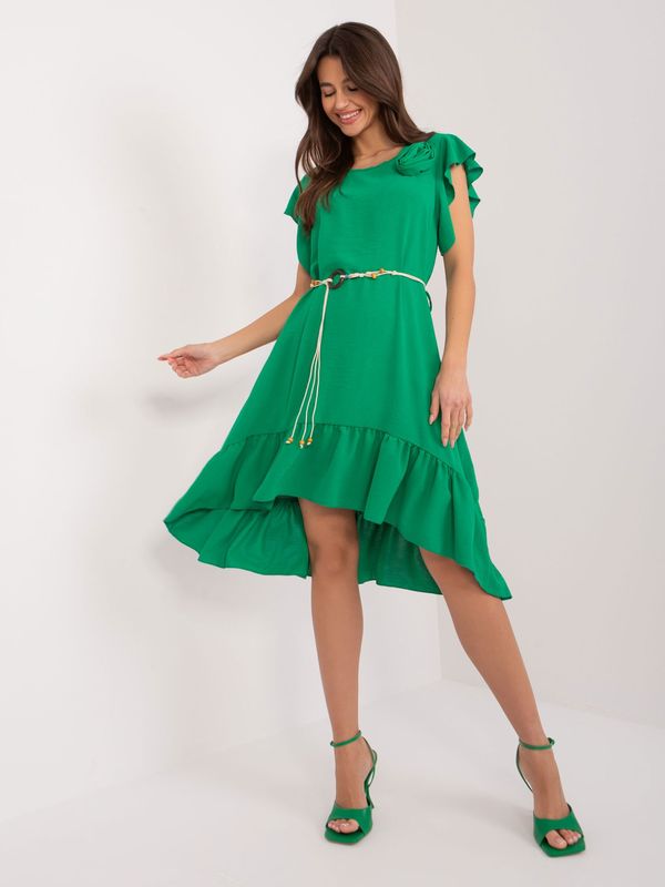 Fashionhunters Green dress with ruffles and flower